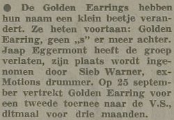 Sieb Warner new drummer The Golden Earring newspaper announcement August 16, 1969